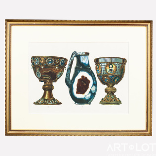 Хромолитография экспонаты сокровищницы Сан Марко «Чаша из сардоникса, Амфора из сердоликового оникса, серебряная чаша»
