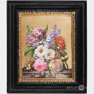 Фарфоровый пласт «Натюрморт с цветами и персиком»
