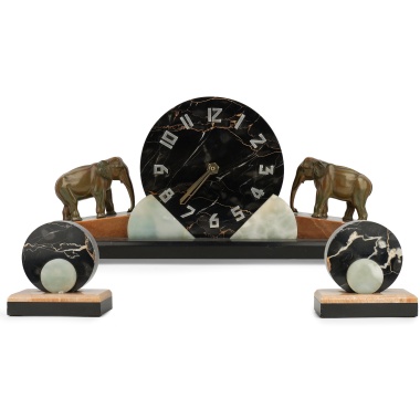 Комплект в стиле ар-деко: часы со слонами и два декоративных пресс-папье