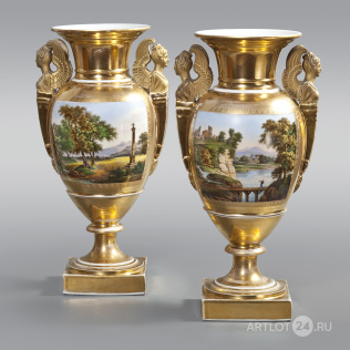 Парные вазы «В садах Аркадии» с декоративными ручками в виде крылатых Ник в стиле ампир