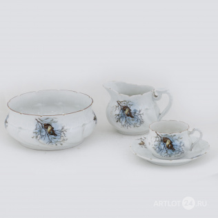 Чайная пара, молочник и полоскательница для чашек «Синицы»