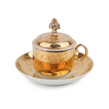 Чайная пара с крышкой «Золотая роза» фабрика М.С. Кузнецова 