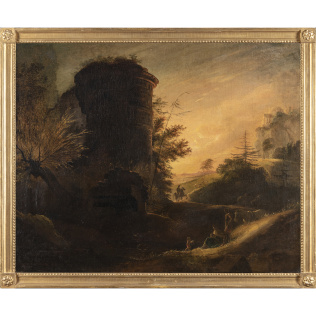 Иоганн Генрих Рамберг «Пейзаж с руинами и фигурой всадника на закате»