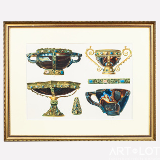 Хромолитография экспонаты сокровищницы Сан Марко «Оникс-агатовая ваза с двумя ручками, сардониксовая чаша, ваза из рубинового стекла, ваза из сардоникса»