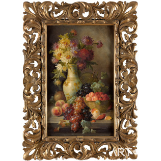 Натюрморт с цветами и фруктами в ажурной раме