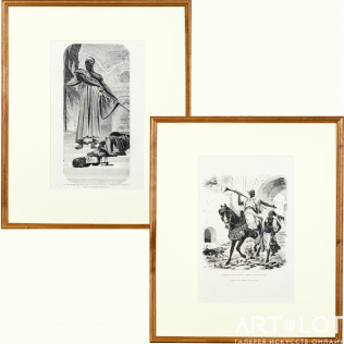 Печатная графика «Отъезд в страну фантазия» и «Казнь без суда в гренадском халифате» из серии «Художественный Салон 1872 года. Париж»
